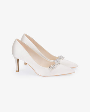 Satin Pointy Toe Wedding Pumps with Moonlight Pearls