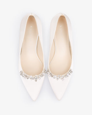 Ivory satin pointy toe kitten heel pumps with Moonlight Pearls embellishment