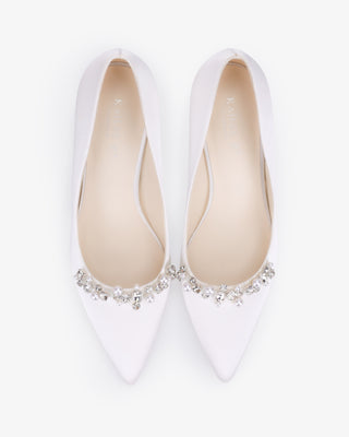 White satin pointy toe kitten heel pumps with Moonlight Pearls embellishment