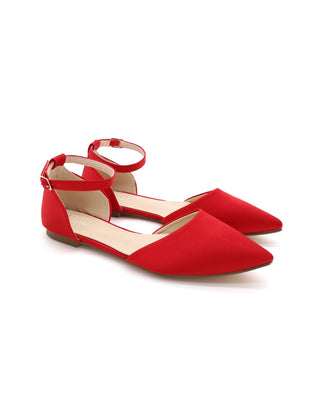 Satin Pointy Toe Flats with Ankle Strap