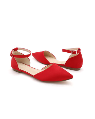 Satin Pointy Toe Flats with Ankle Strap