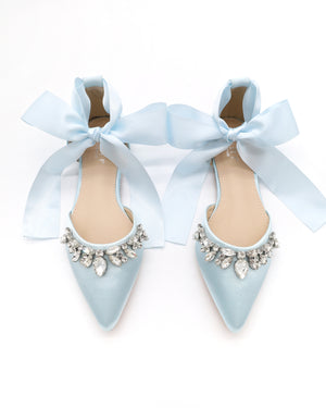 Satin Pointy Toe Flats with Teardrop Rhinestones Embellishments