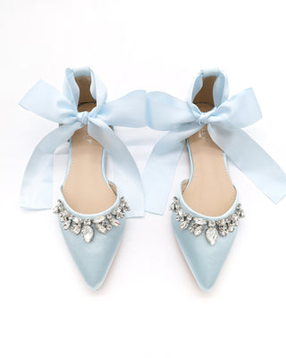 Satin Pointy Toe Flats with Teardrop Rhinestones Embellishments