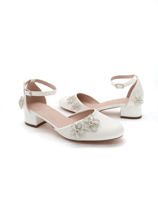 Round Toe Satin Block Heel with Rhinestones Chassia Flower