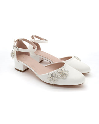 Round Toe Satin Block Heel with Rhinestones Chassia Flower