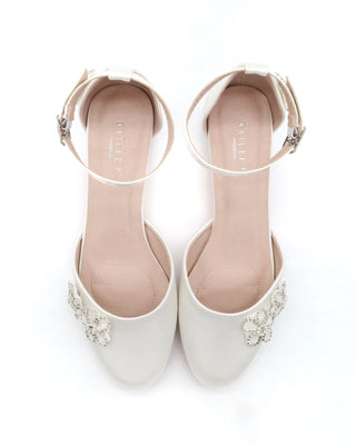 Round Toe Satin Block Heel with Rhinestones Chassia Flower