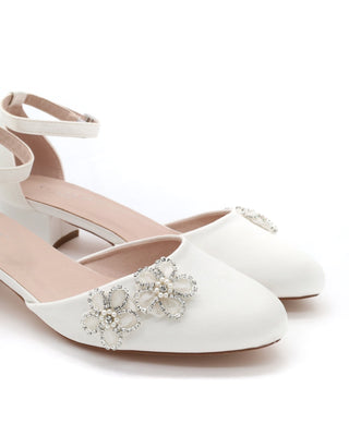 Round Toe Satin Block Heel with Rhinestones Chassia Flower