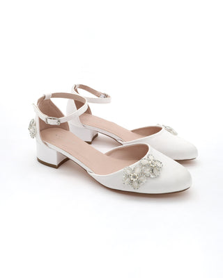 Round Toe Satin Block Heel with Rhinestones Chassia Flower