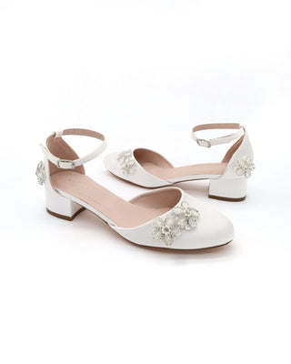 Round Toe Satin Block Heel with Rhinestones Chassia Flower