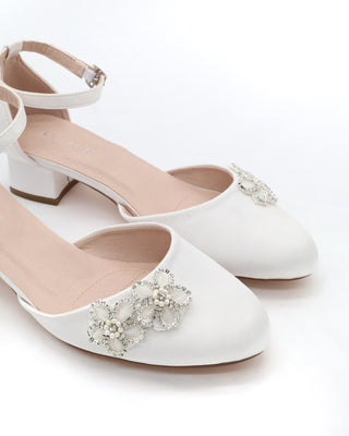 Round Toe Satin Block Heel with Rhinestones Chassia Flower