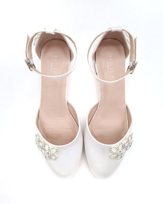Round Toe Satin Block Heel with Rhinestones Chassia Flower
