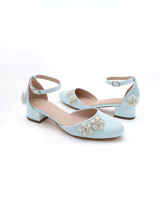 Round Toe Satin Block Heel with Rhinestones Chassia Flower