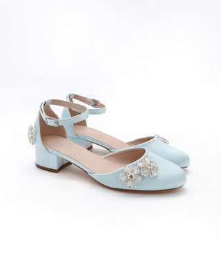 Round Toe Satin Block Heel with Rhinestones Chassia Flower