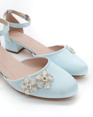Round Toe Satin Block Heel with Rhinestones Chassia Flower
