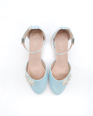 Round Toe Satin Block Heel with Rhinestones Chassia Flower
