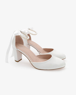 Satin Wedding Block Heel with All Pearls Ankle Strap