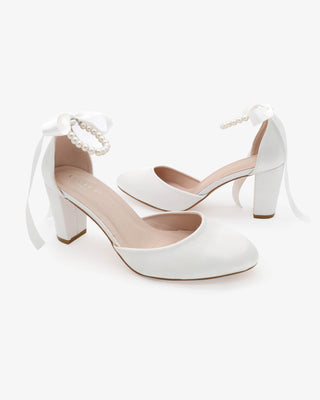 White Satin Wedding Block Heel with All Pearls Ankle Strap