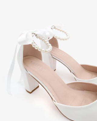 White Satin Wedding Block Heel with All Pearls Ankle Strap