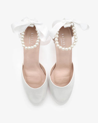 White Satin Wedding Block Heel with All Pearls Ankle Strap
