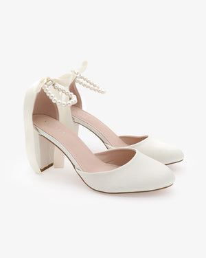 Satin Wedding Block Heel with All Pearls Ankle Strap