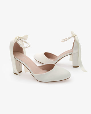 Ivory Satin Wedding Block Heel with All Pearls Ankle Strap