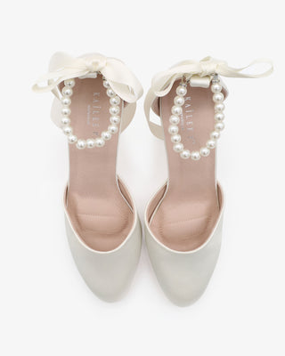 Ivory Satin Wedding Block Heel with All Pearls Ankle Strap