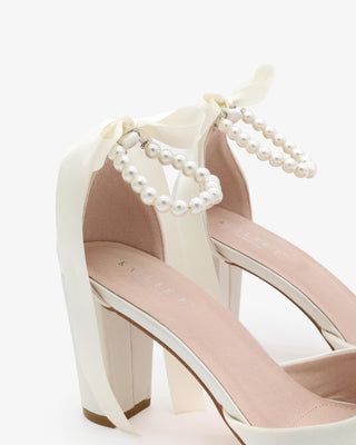 Ivory Satin Wedding Block Heel with All Pearls Ankle Strap