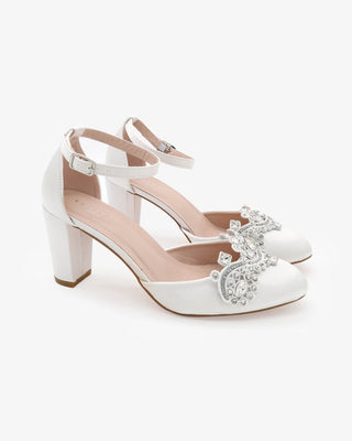 White Satin Wedding Block Heel with Small Rhinestones Applique