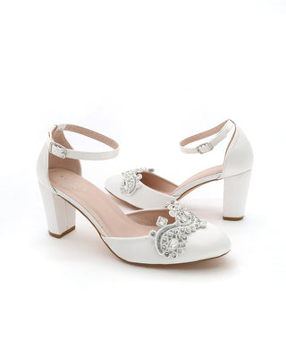 Satin Wedding Block Heel with Small Rhinestones Applique