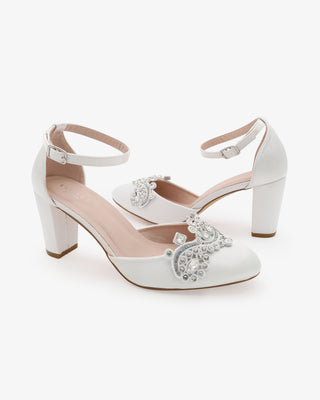 White Satin Wedding Block Heel with Small Rhinestones Applique