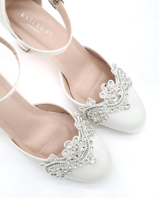 Satin Wedding Block Heel with Small Rhinestones Applique