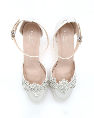 Satin Wedding Block Heel with Small Rhinestones Applique