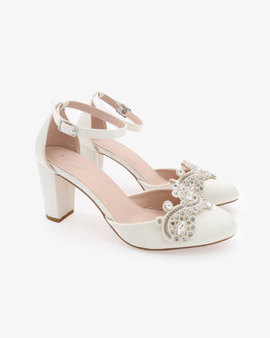 Satin Wedding Block Heel with Small Rhinestones Applique