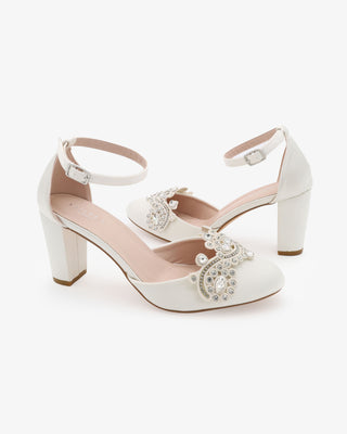 Ivory Satin Wedding Block Heel with Small Rhinestones Applique