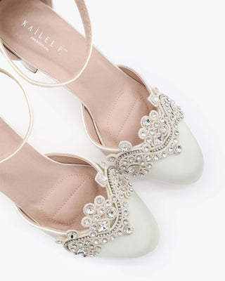 Ivory Satin Wedding Block Heel with Small Rhinestones Applique
