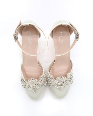 Satin Wedding Block Heel with Small Rhinestones Applique