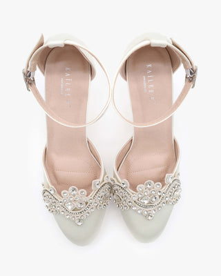 Ivory Satin Wedding Block Heel with Small Rhinestones Applique