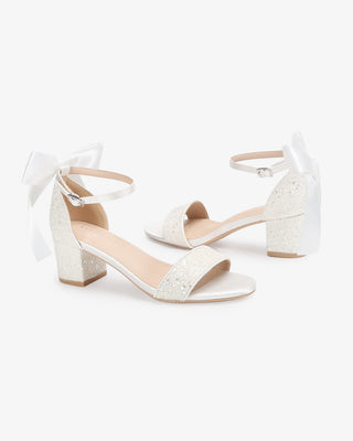 White Rock Glitter Block Heel Wedding Sandals with Back Satin BowWomen Shoes