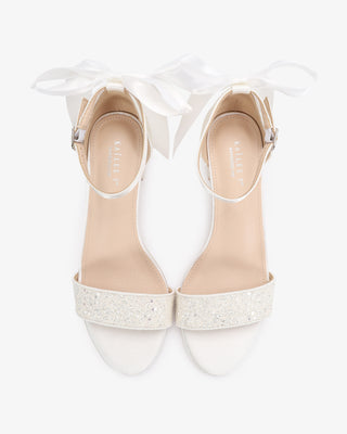White Rock Glitter Block Heel Wedding Sandals with Back Satin BowWomen Shoes