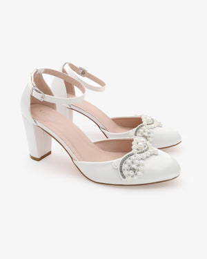 Satin Wedding Block Heel with Small Pearls Applique