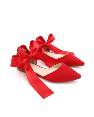 Satin Pointy Toe Flats with Satin Ankle Tie or Ballerina Lace Up