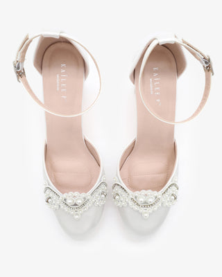 Satin Wedding Block Heel with Small Pearls Applique