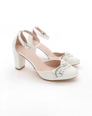 Satin Wedding Block Heel with Small Pearls Applique