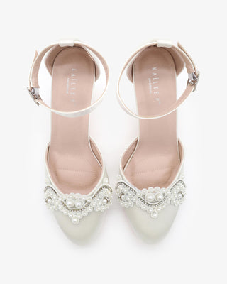 Satin Wedding Block Heel with Small Pearls Applique