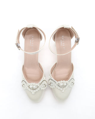 Satin Wedding Block Heel with Small Pearls Applique