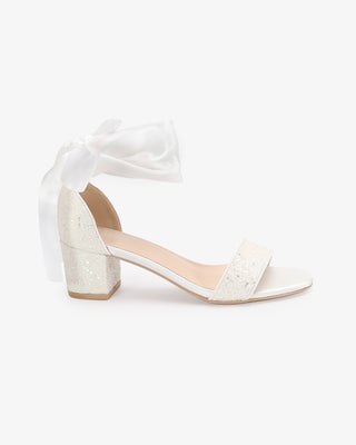 White Rock Glitter Block Heel Wedding Sandals with Wrapped Satin Tie