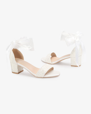 White Rock Glitter Block Heel Wedding Sandals with Wrapped Satin Tie