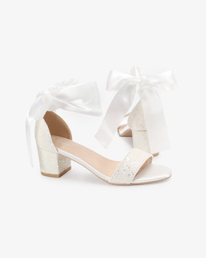 White Rock Glitter Block Heel Wedding Sandals with Wrapped Satin Tie