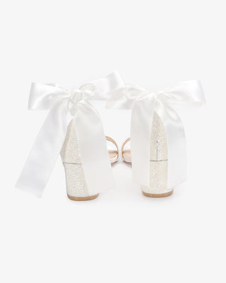 White Rock Glitter Block Heel Wedding Sandals with Wrapped Satin Tie