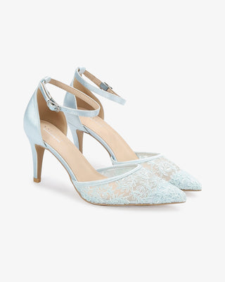 Light Blue Lace Heels Wedding Shoes with Ankle Strap